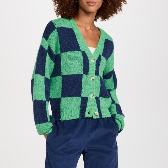 STINE GOYA Amara Cardigan Green Navy Checkered Size Medium - Picture 1 of 13